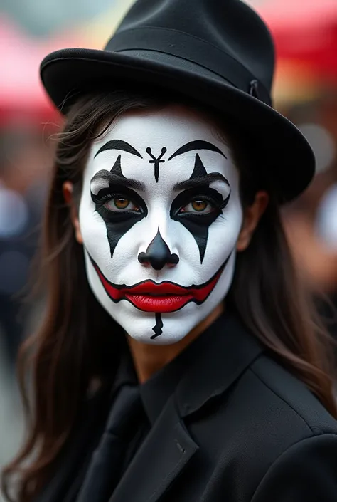 Mime painting in the face about cancer day celebration in which the be covered with black and white combination which should not be scary and the lips should be in red