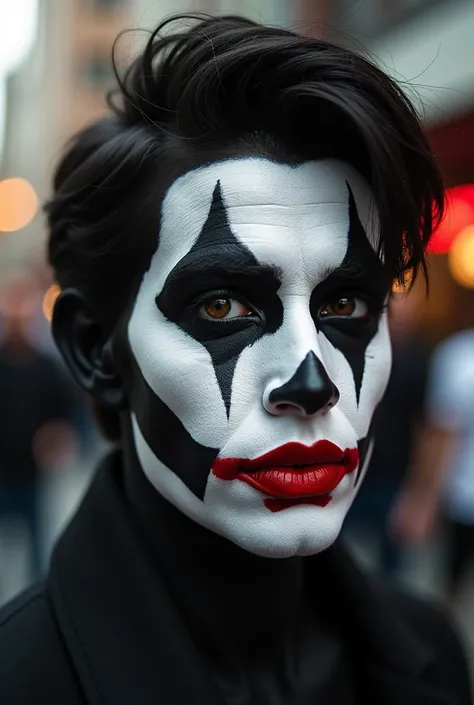 Mime painting in the face about cancer day celebration in which the be covered with black and white combination which should not be scary and the lips should be in red