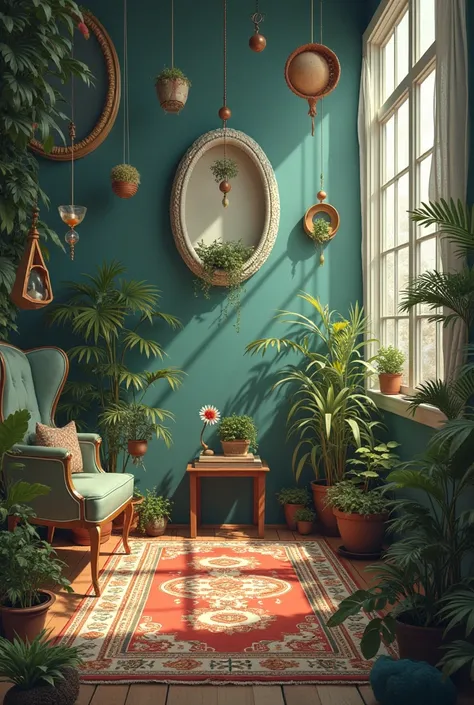 A room with a ,  an armchair ,  an hourglass ,  a rug ,  plants,  Geometric figures . In an unreal and dreamlike atmosphere 