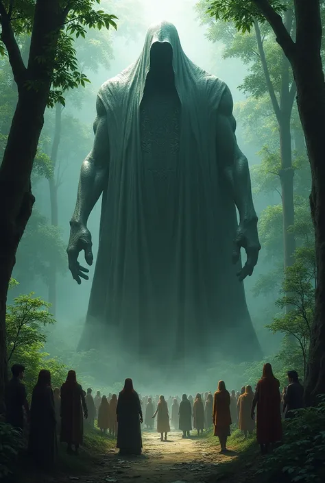 Mysterious Forest Giant, fully clothed, many people around the giant