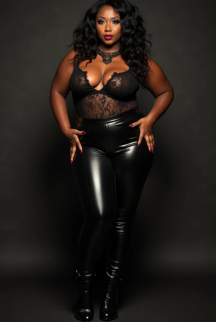 A curvaceous Black woman wearing a sheer, black lace and satin bustier top, high-waisted black vinyl leggings, and black thigh-high stiletto boots. She’s accessorized with a black leather choker necklace and a dark, dramatic makeup look. Her hair is styled...