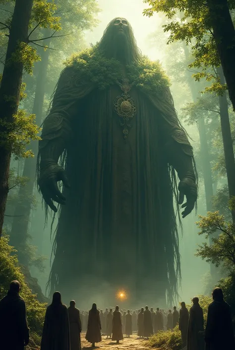 Mysterious Forest Giant, fully clothed, many people around the giant, from below