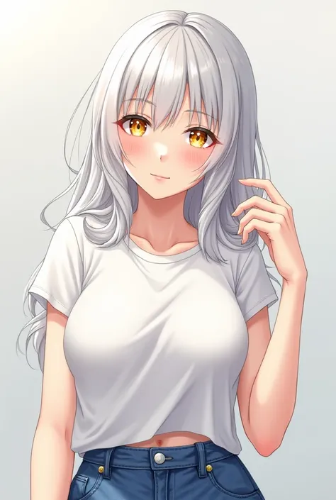 ( maximum quality,  best quality,  official art , beautiful and aesthetic:1.2)  anime girl ,  white hair,  golden eyes,  white t-shirt, Jeans azul.