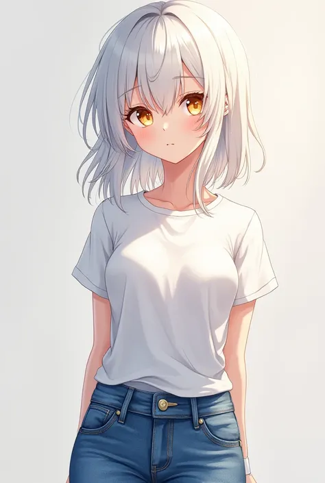 ( maximum quality,  best quality,  official art , beautiful and aesthetic:1.2)  anime girl ,  white hair,  golden eyes,  white t-shirt, Jeans azul.