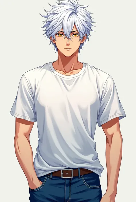 ( maximum quality,  best quality,  official art , beautiful and aesthetic:1.2)  Anime boy ,  ager,  white hair,  golden eyes,  white t-shirt, Jeans azul.
