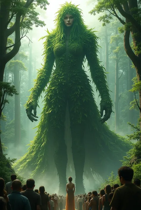 female Forest Giant in a skirt costume made of leaves, many people around the giant, side view from below