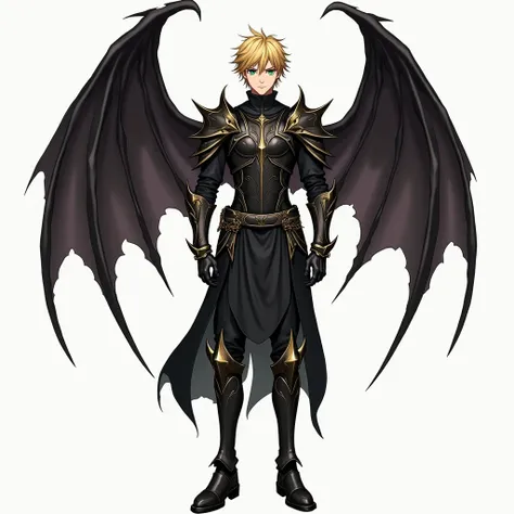 Animated man standing, long legs, seeing shoes, green eyes, short hair, pointed hairstyle, golden hair, wearing black armor, patterned armor, with sleeves, with collars, wearing long booth shoes, patterned shoes, upright, straight face, animated men have B...