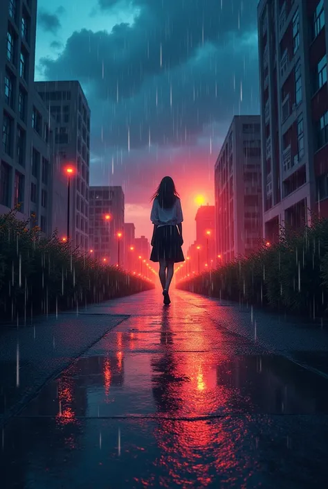  creates a cover of a music album called “Between the Lines” with these characteristics:  • A city at night with neon lights reflected in the rain .
	 • A silhouette of a woman on an illuminated path , with elongated shadows.
	 • A sky mixed with a storm a...