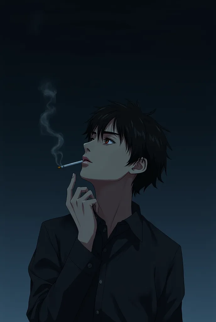 21 years old handsome guy smoking In sad mode seeing sky with black black background in fully anime 