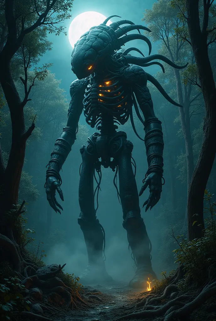 A towering, biomechanical forest colossus emerges from the shadows, its skeletal frame fused with organic-mechanical tendrils echoing H.R. Giger's surreal aesthetic. Moonlight glints off chitinous plates as bioluminescent veins pulse through its night-blac...