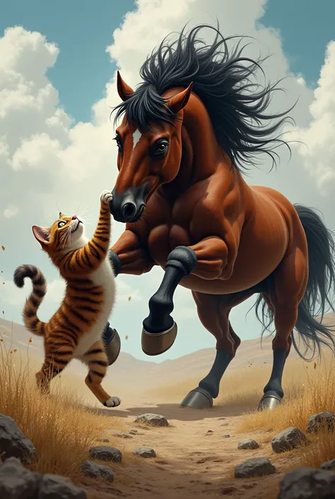 Cat fighting with a horse