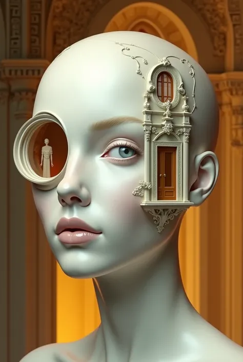  a white woman oval face 3D , One eye is a window ,  the other eye an Art Nouveau balcony next to the lip is a door,  the background is golden with structure 