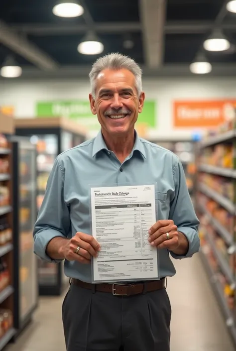 I want an image where a grocery store owner is at the checkout, He's smiling with electricity bill in his hands! The image must be realistic and with lighter colors.