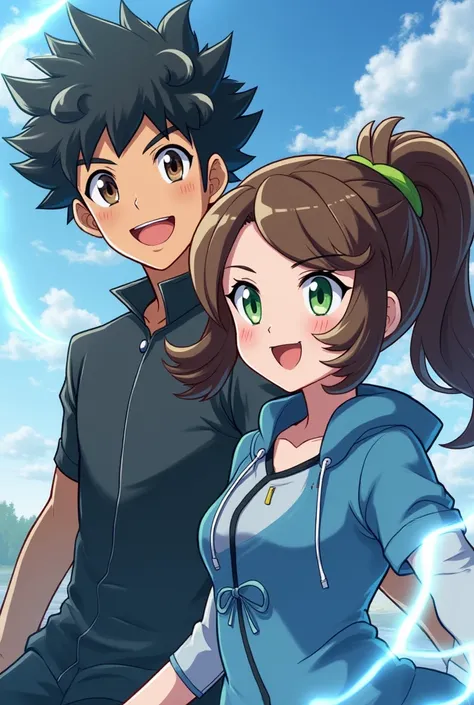  Two characters with the animation style of Pokémon trainers .  One is a man with curlers and black hair and brown eyes who is smiling .  The other character is a woman with long brown hair and green eyes .  The man's clothing is like that of an electric P...