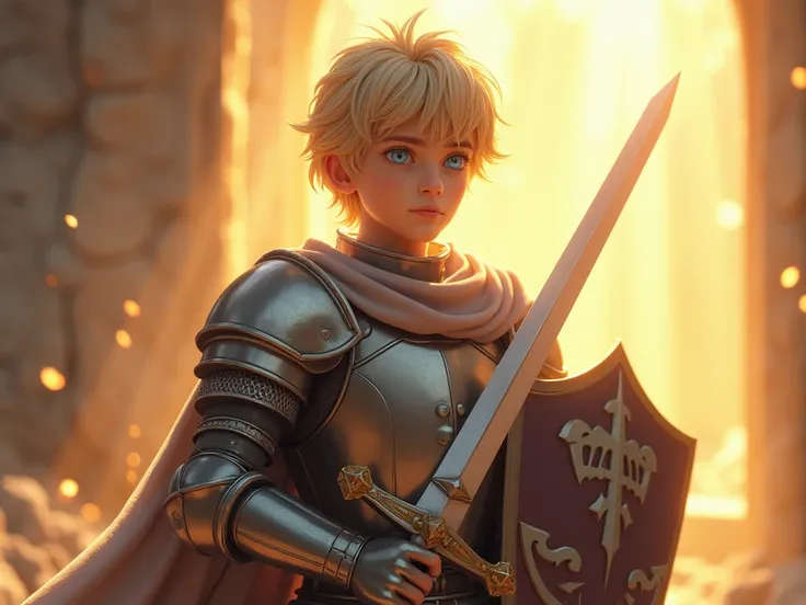 1guy, 24 years of age, ashen blonde hair, light blue eyes, sword and shield, paladin, medium armor, he is shielded by a barrier of light, medieval theme, light rays coming down from the sky, golden sun, 3d realistic hdr