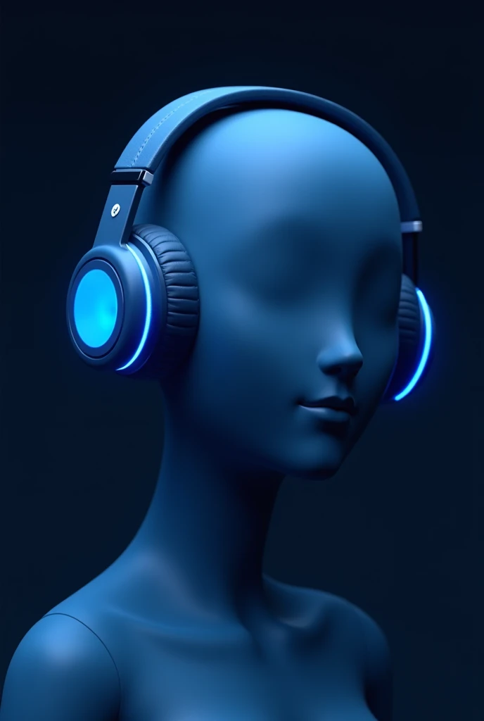 An image showing blue ,  wireless headphones placed on the ears of an animated head, with a dark background