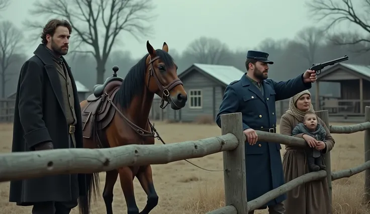 Image is a cinematic scene with a rustic, historical style, depicting a tense moment in a rural setting. The layout features a wooden fence in the foreground, with a horse saddled and tied to it. On the left, a man with light skin and a beard, wearing a lo...