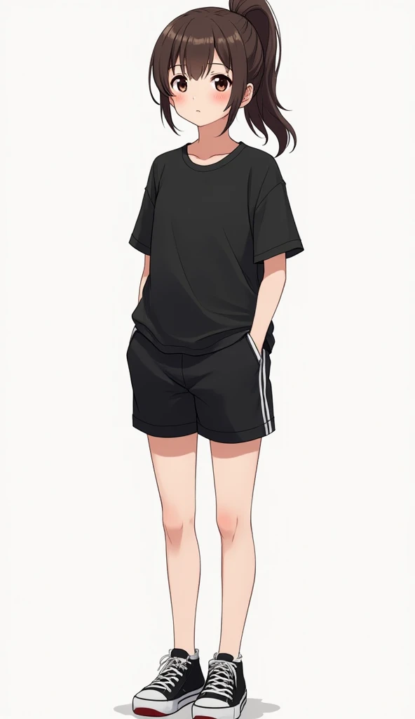 1 girl [appearance= "height: 167cm", " Brown hair tied in a ponytail ", " black eyes"] [Clothes= " black sports t-shirt ", " short sweatpants"] ( Full body plan)  illustration, anime style 4k,  Precise,  super detailed ,  tall details ,  High resolution , ...