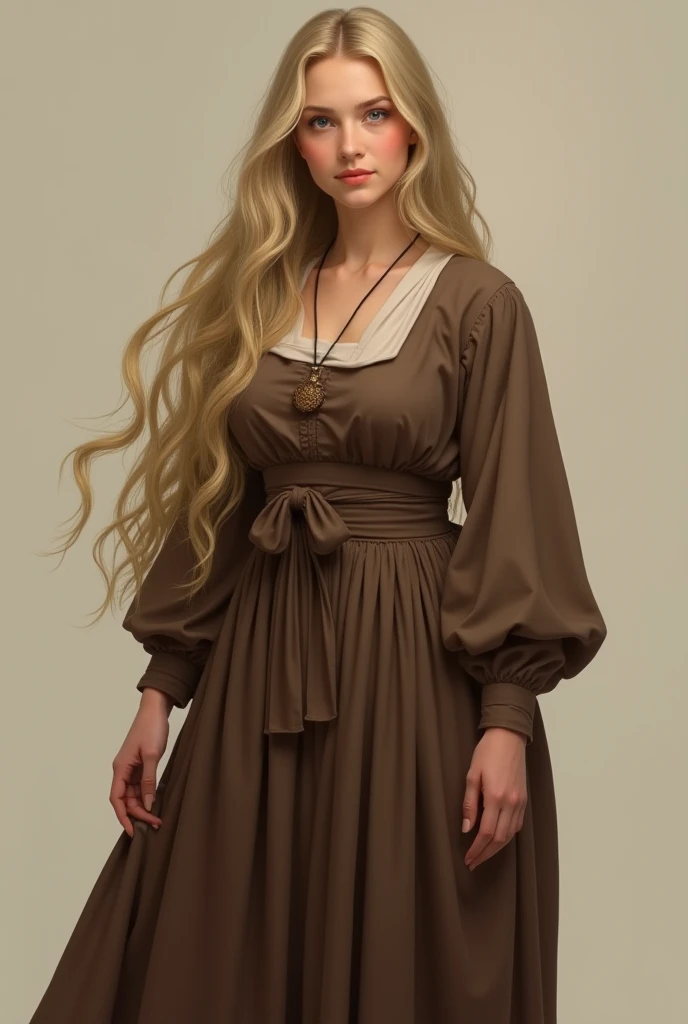 beautiful full-bodied girl, with so long blonde hair, in closed brown muslim dress long