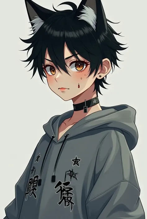 A boy,With a black Wolf Cul haircut, Brown-colored relapsed eyes,  pale skin , a tattoo of Chinese letters on the neck, a gray sweatshirt with star drawings, And 2k pants