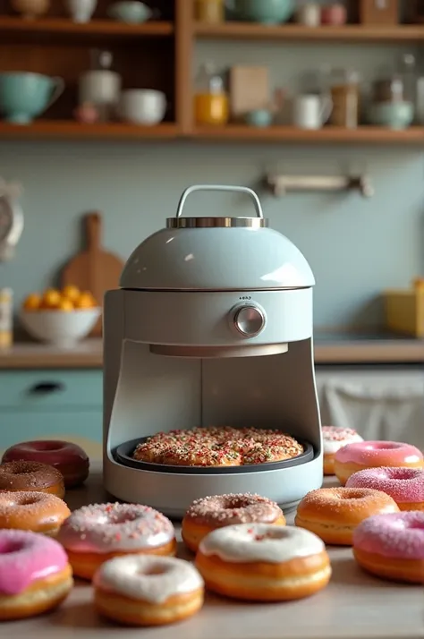 Give me a picture of a homemade donut machine in a kitchen and on the counter all the decorated donuts 