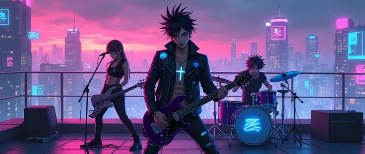 Futuristic cyberpunk scene featuring a full rock band performing on a high rooftop with a panoramic view of a neon-lit futuristic city. The lead guitarist, with spiky black hair, wearing a black leather jacket with neon blue and purple details and a cross ...