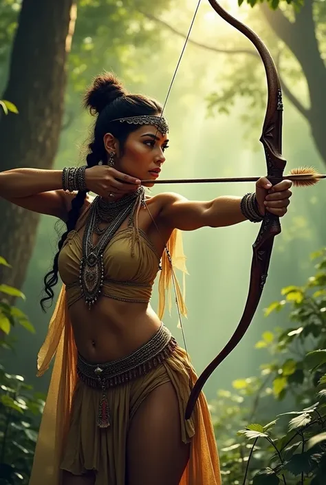 Indian woman in a hat shooting her arrow