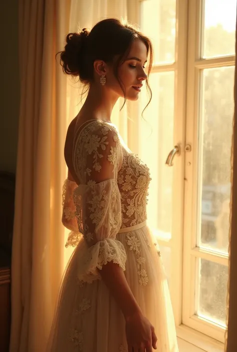 A beautiful young European woman, with a perfect face, makeup, carelessly stands by the window, in the sunlight, riddled with rays of warm, golden light. Wearing a long dress, sophisticated and lace with embroidery, forming a complex whole. Very detailed a...