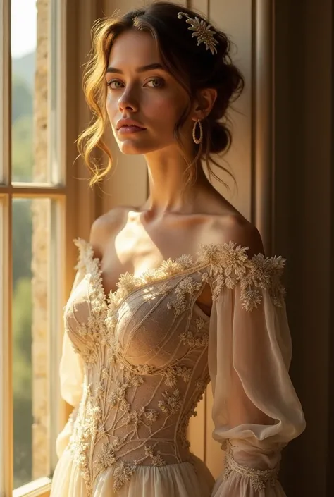 A beautiful young European woman, with a perfect face, makeup, carelessly stands by the window, in the sunlight, riddled with rays of warm, golden light. Wearing a long dress, sophisticated and lace with embroidery, forming a complex whole. Very detailed a...