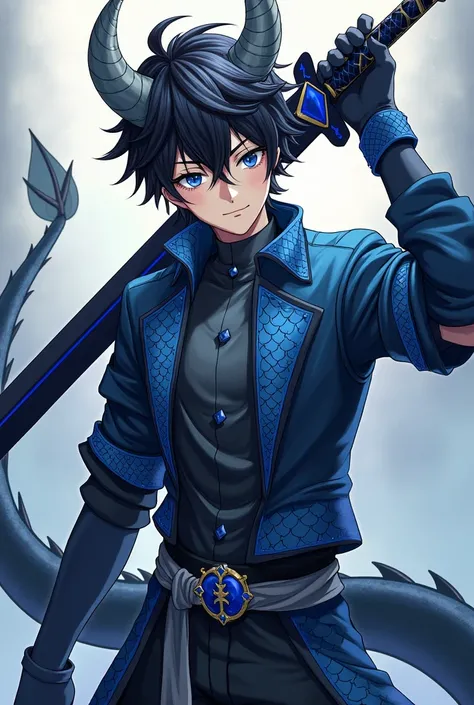 Young.   man with black hair printed with gray dragon horns with a black tail with blue dragon scales and with a black and blue sword wearing modern medieval clothes .  in anime style .