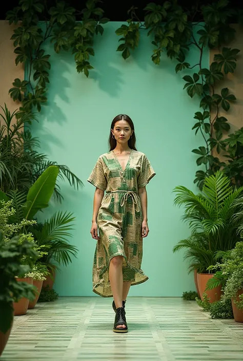 Design an image for the GREEN THREADS event – recycled fashion. The image needs to show a main stage with a backdrop made from newspaper, scraps, with leaf and vine motifs,  uses green color gamut ,  beige and white . Around the stage are potted plants and...