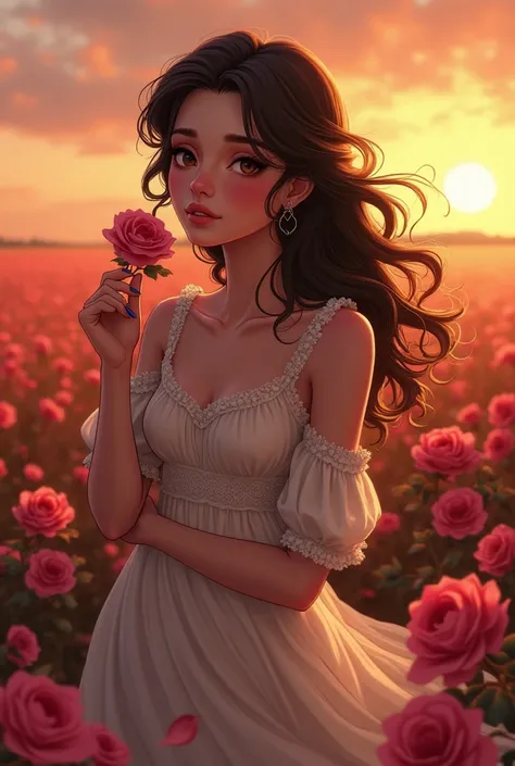 Une femme (style animé mais semi-realiste) avec les cheveux brun (un peu plus long qu'un carré) yeux brun foncé presque noirs avec un regard doux et les yeux brillant... avec du vent qui fait bouger ses cheveux, elle tient une rose près de ses lèvres et un...