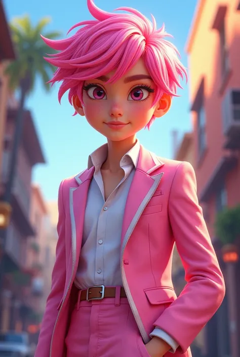  Pixar-style poster of an 18-year-old boy, with pink hair and pink eyes ,  dressed in a pink and white American suit  