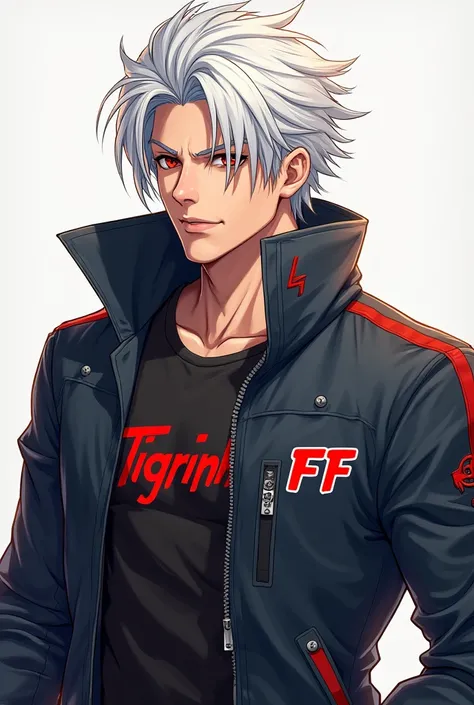 Free Fire style male character young brunette strong , medium-long white hair wearing a starchy jacket with the name Tigrinho ff , 