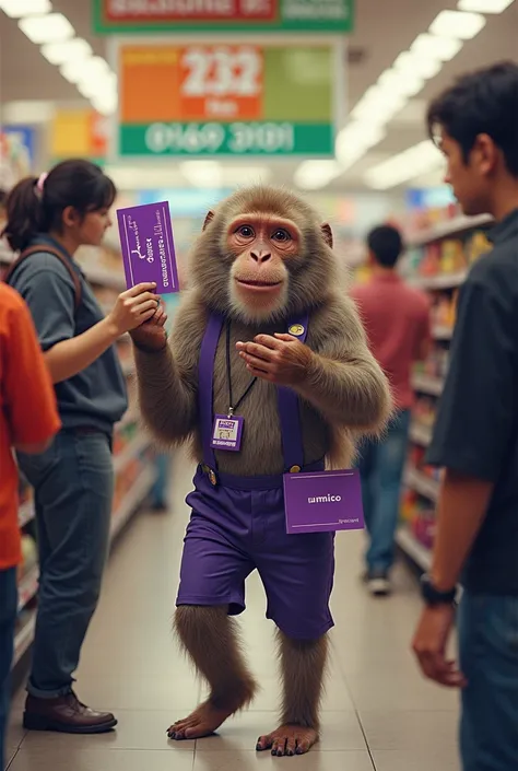  A drunken macaque with a grocery store badge gives customers bonus cards. Purple cards ,  they say Umico .  The bottom of the map says 232 0169 3131 . 