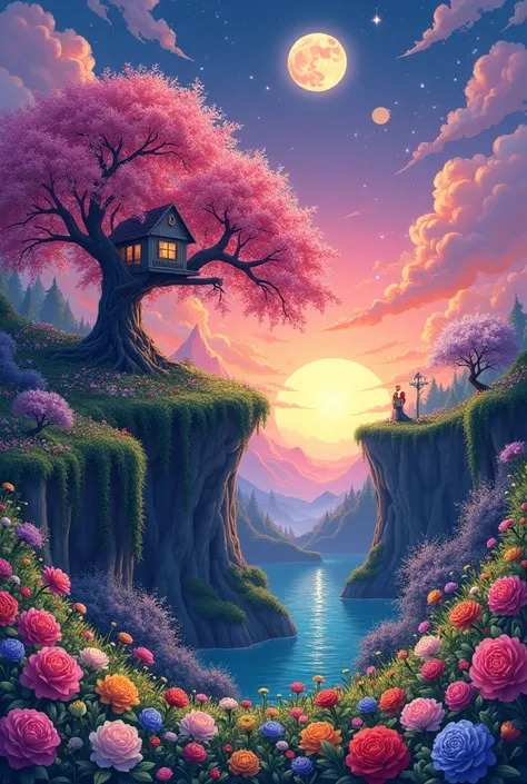 A crater full of flowers of different colors with a large cherry tree with a treehouse with moss and flowers with a sky with a sunset with bright stars and a full moon in anime style