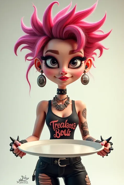 Create a caricature image of a 3D punk woman holding a round plate