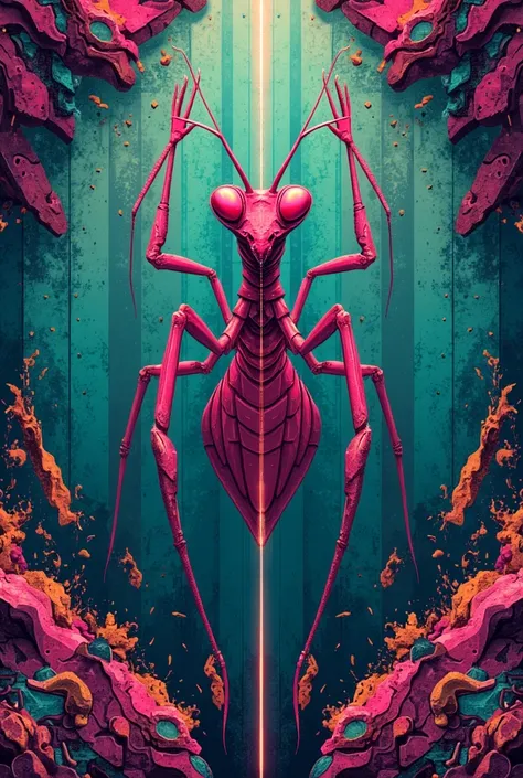  A tribal pattern using the pink mantis empusa as a reference, with filthy colors from pink to turquoise ,  in a futuristic style 
