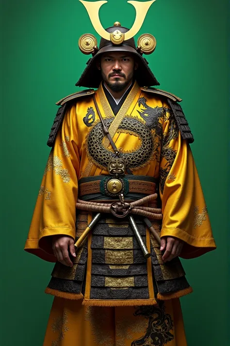 A Japanese samurai warrior ,  wearing a gold costume with a drawing of a black dragon,  places a green background for later removal  