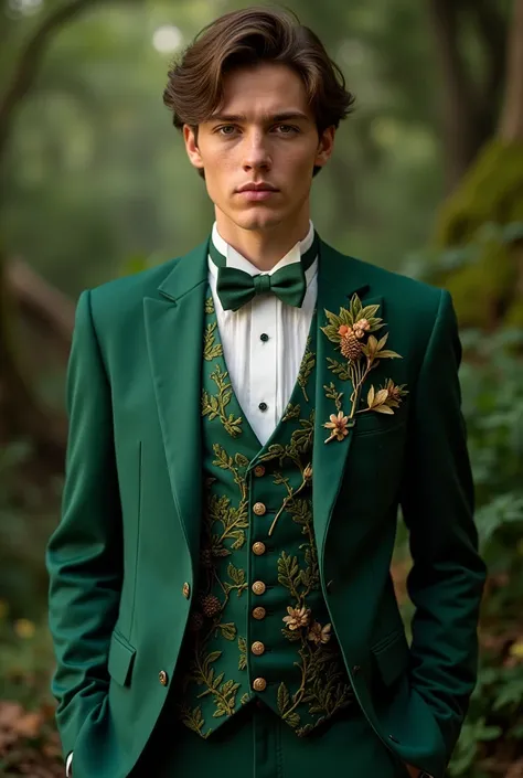 Create a unique and stand out formal outfit for  prom for a male with the theme "waltz in the wonderous woods: a fanfare of flora and foliage"