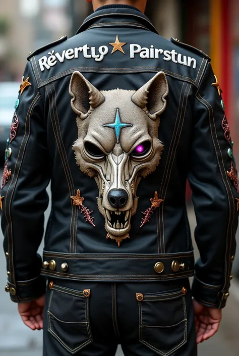 Stylish embroidered coat of a Club motorcycle called Sevem Keys, with the symbol of a seven-pointed star wolf skull in its center with a lilac-colored eye on its forehead 