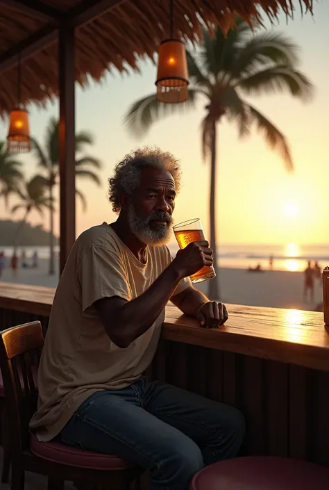 a middle aged black man, Drinking beer at a bar facing the beach, in the late afternoon...