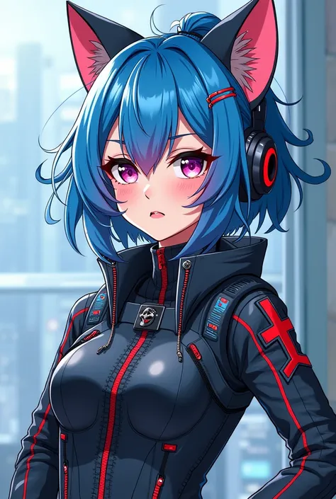 a cartoon picture of a woman with blue hair and a cat ears, cyberpunk art by Shitao, pixiv contest winner, furry art, oppai cyberpunk, cyberpunk anime girl mech, holy cyborg necromancer girl, biomechanical oppai, digital cyberpunk anime art, anime cyberpun...