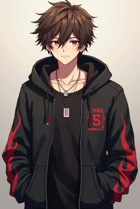 5’8” anime style man with a cute but handsome face, a black unzipped hoodie with flame accents, a pair of 2 military dog tags, sun tan silky skin, fluffy ruffled up brown hair, and red irises.