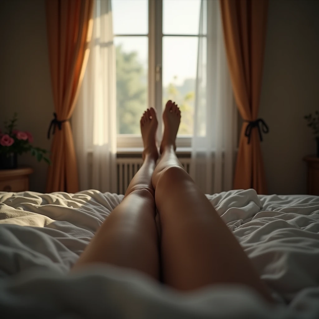 
" A first-person scene of young  euro girl 20yo waking up in his bed.  The view shows the man`s legs  , . в кровати в своей дешевой комнате, In the background, a window with slightly open curtains allows sunlight to enter ,  illuminating his room .  O .  ...