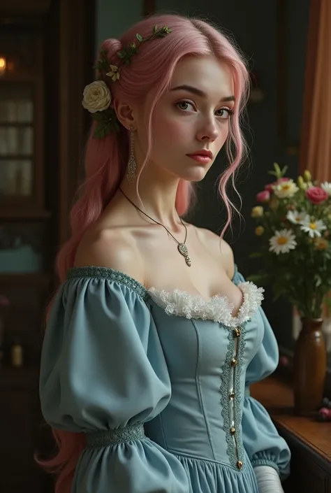  The image must be both sober and full of mystery, with a relaxing atmosphere.  a woman, long light pink hair brown eyes,  light blue women's dress, 1813 17th century ,  in a house ,  perfect skin,