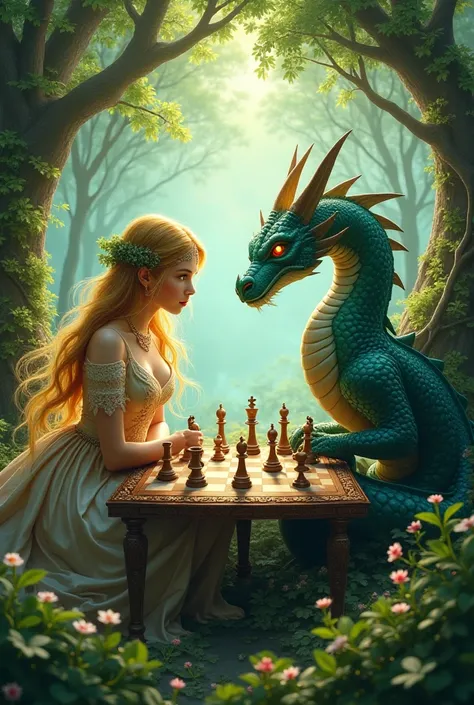 Princess Zelda with a Laurel Wreath in the woods playing chess with a mythological dragon