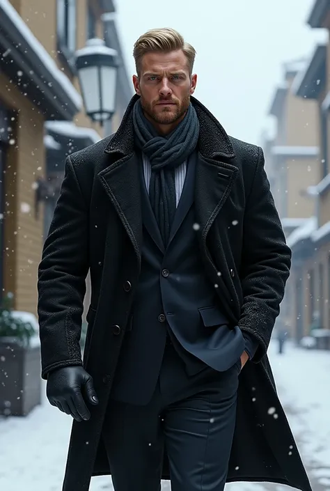 Tall and strong handsome man with blond hair with short beard dressed in a black coat with a scarf tied around his neck and a suit underneath walking on snowy streets