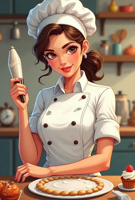 Drawing of a woman pastry chef with a frame in one hand and a pastry bag in the other hand