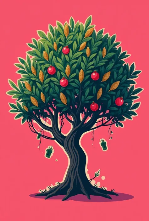 A bold and modern packaging illustration featuring a stylized tree with a thick, sturdy trunk and sprawling branches. The leaves are dense and deep green, creating a lush canopy. The tree bears both elongated brown seed pods and vibrant red fruits, some of...